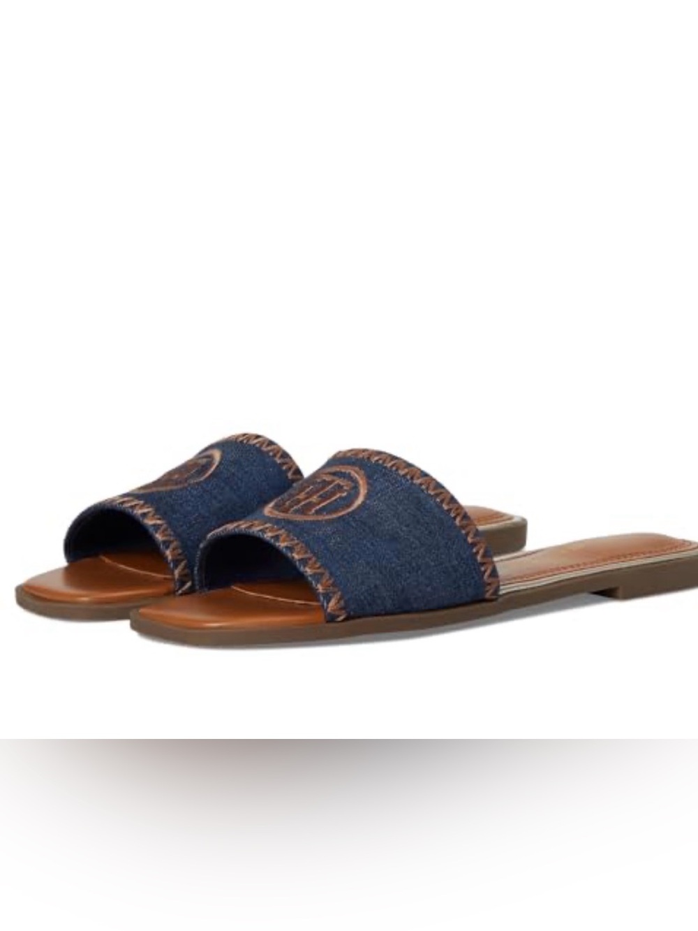 Tommy Hilfiger Denim Slide Sandals with Brown Trim